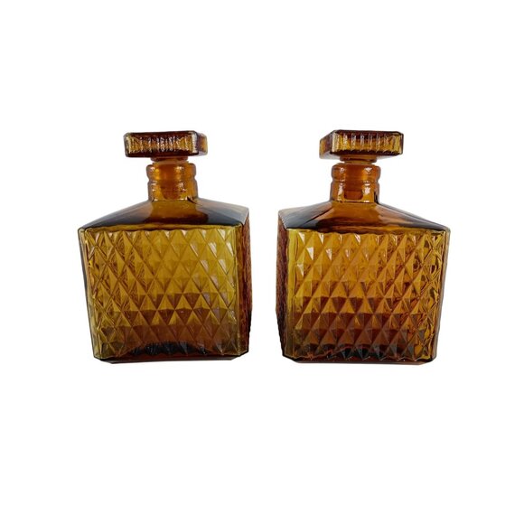 Indiana Glass Amber Square Diamond Point Pair Of Decanters Vintage Barware - Picture 2 of 8